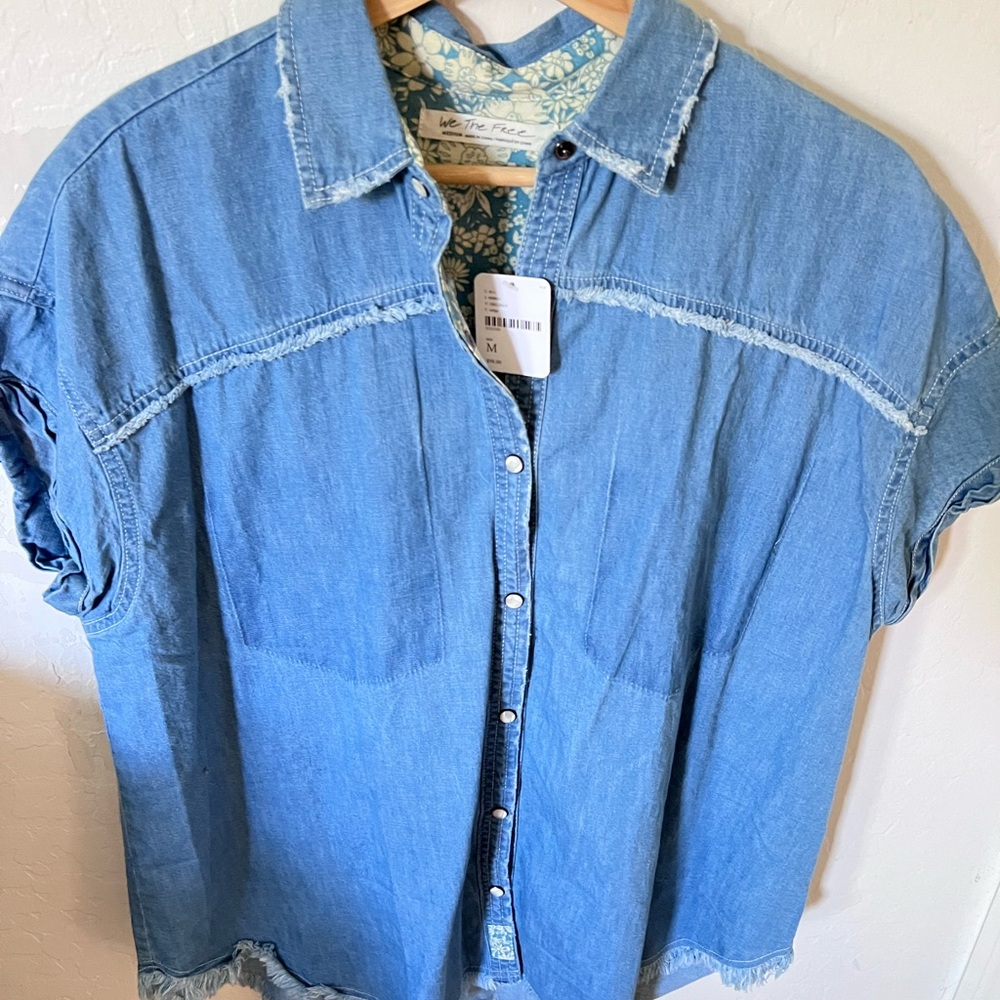 We the Free Pearl Snap Blue Denim Women's Top